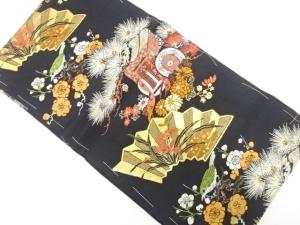アンティーク　御所車に鶯・草花模様織り出し名古屋帯（着用可）
